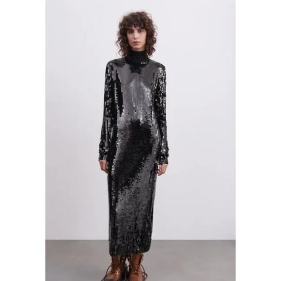Zara Embellished Sequin Turtleneck Maxi Dress Women Size S Black Limited Edition - Picture 1 of 6
